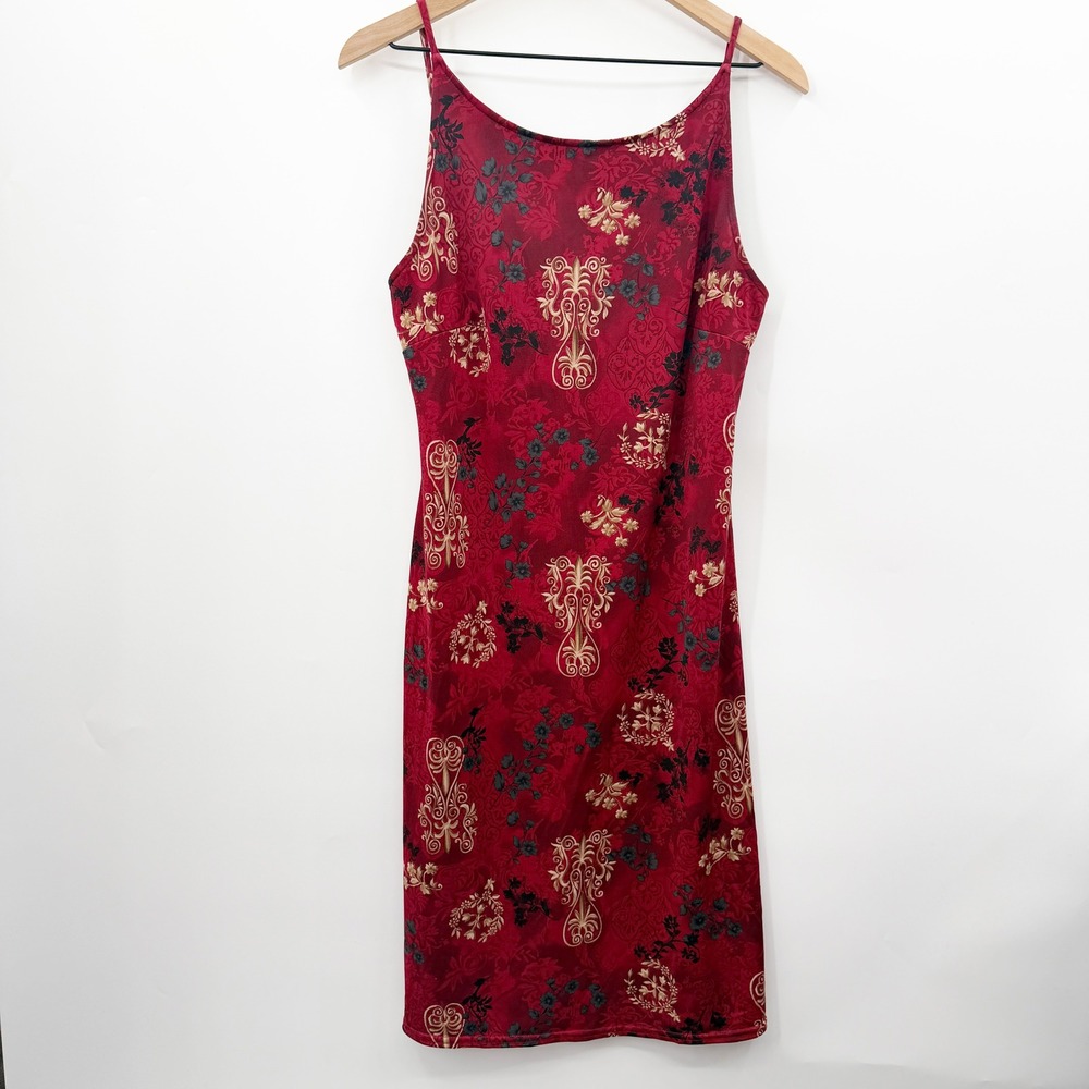 Vintage Y2K Whimsygoth Midi Dress in Red Floral Baroque Print Size M